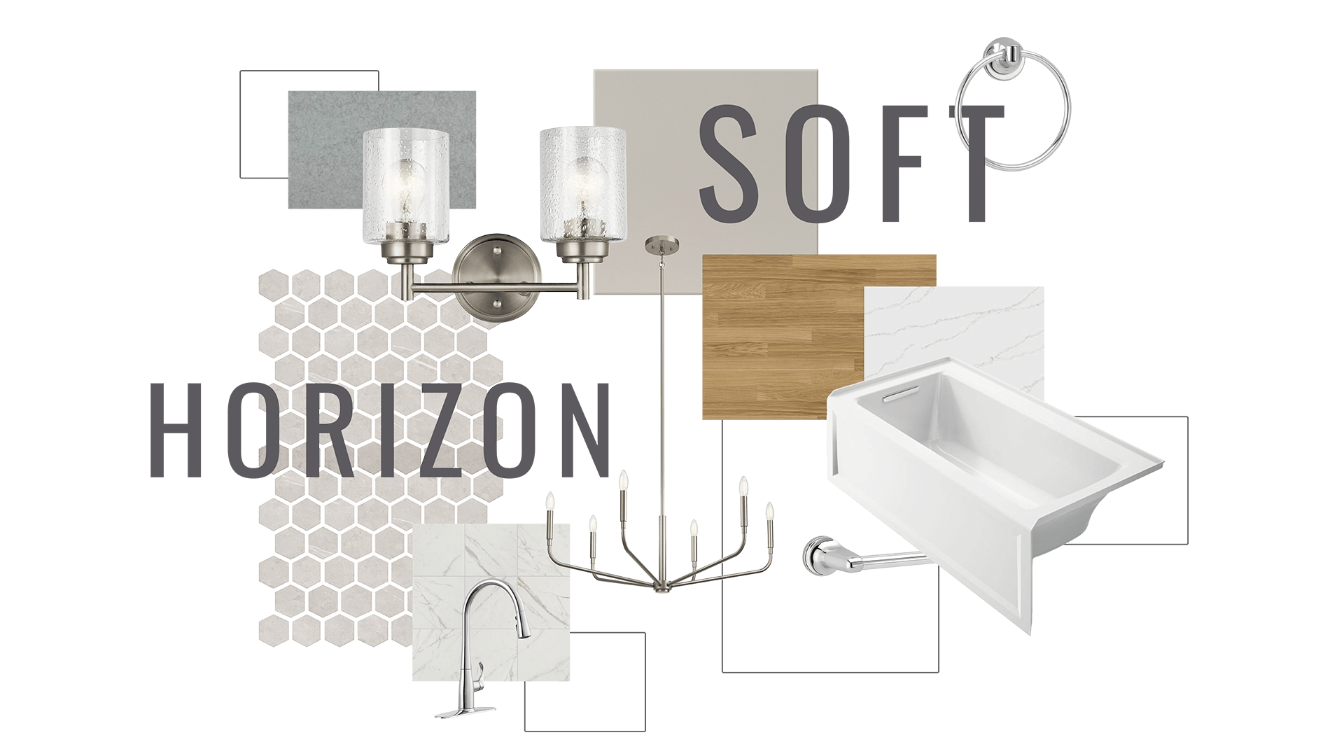 Soft Horizon design theme featuring polished nickel fixtures and light, airy finishes, including a chandelier, double sconce, faucet, tub filler, and towel ring, paired with hexagon mosaic tile, soft gray stone tile, marble-look surfaces, and warm wood flooring on a dark background.